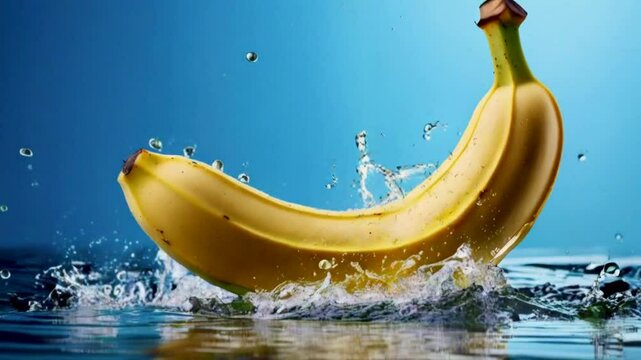 Banana is splashing in water. Banana is a tropical, yellow, elongated fruit with a sweet, creamy flesh, rich in potassium and vitamin B6, encased in a peel. 
