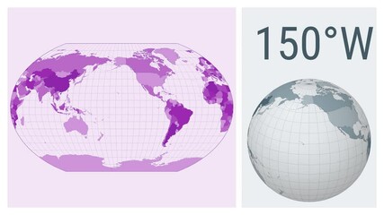 World Map Animation. Kavrayskiy VII pseudocylindrical projection. Colored countries style. Animated world map in Kavrayskiy 7 projection. Loopable animation showing longitude shift and matching globe.