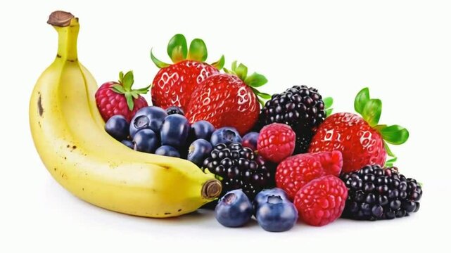 Banana and berry. Banana is a tropical, yellow, elongated fruit with a sweet, creamy flesh, rich in potassium and vitamin B6, encased in a peel. 