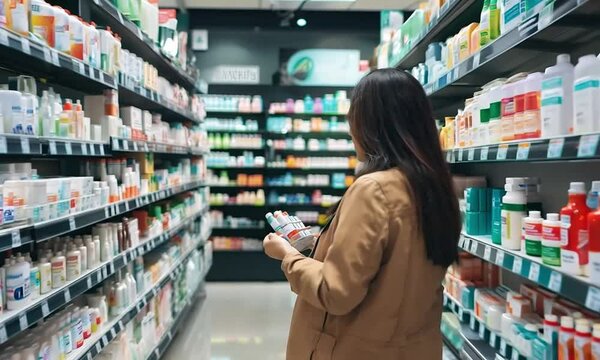 Customer comparing medications while standing in a pharmacy aisle, evaluating options and reading labels for informed choices