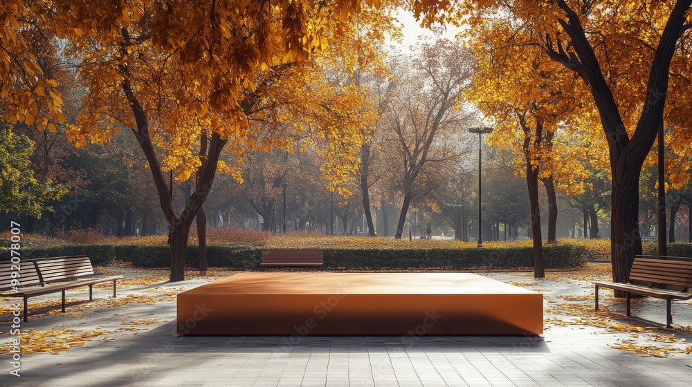 Poster in a tranquil park, benches flank a central wooden platform amid golden-hued autumn leaves. sunlight