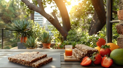 Olive fruit protein bars served a yoga mat at a sunlit rooftop terrace with brightcolored mats and city views softly blurred in the background promoting energy and health Scientific name Olea europaea