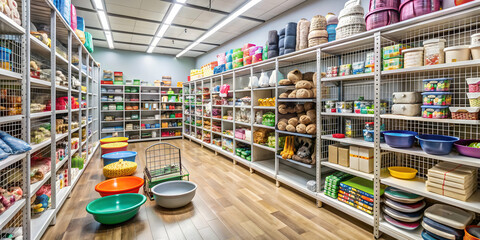 Pet store interior with rows of shelves stocked with various pet supplies and accessories , Pet supplies, animals, retail