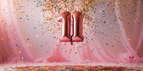 Shiny number 11 balloon, confetti, festive design background