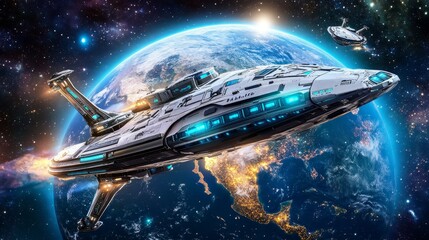 Obraz premium Hypersonic Spaceship Soaring Past Earth - A futuristic spacecraft streaks through the cosmos, leaving the blue marble behind.