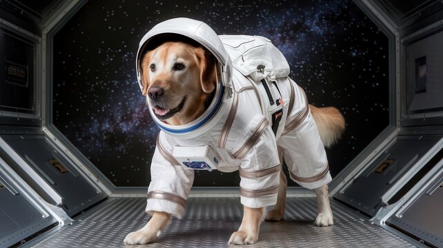 Golden Retriever dog in astronaut suit standing on a spaceship floor with space view
