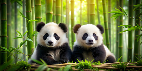 Obraz premium Two baby pandas in a bamboo forest, pandas, baby animals, wildlife, nature, adorable, forest, bamboo, cute