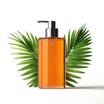 recommend clip art: Stylish soap dispenser with palm leaves, white isolated background