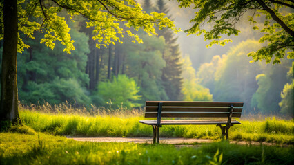 Fototapeta premium Solitary bench in peaceful setting surrounded by nature , bench, solitude, resting place, refuge, relaxation, peaceful