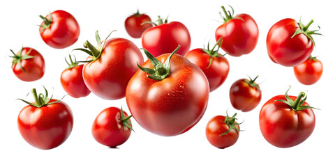 set of tomatoes falling in the air isolated on transparent background png