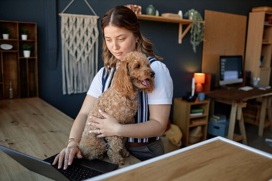 Young woman is holding her dog while working on laptop in home office setting, exuding a relaxed yet focused atmosphere with modern decor blending seamlessly - Powered by Adobe