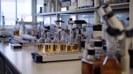 A detailed view of a perfume research environment, showcasing scientists working with fragrance ingredients