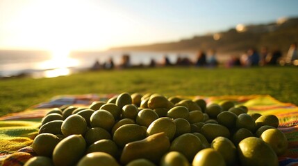 Fototapeta premium Olives scattered a vibrant picnic blanket at a beachside park with families enjoying the day and the ocean softly blurred in the background Scientific name Olea europaea