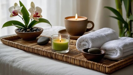 Calm Spa Setting with Candles, Orchids, and Towels on Bamboo Tray
