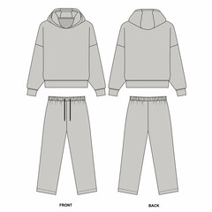 Technical drawing of gray color tracksuit, front and back view. Sketch of basic hoodie with long sleeve. Sketch of straight sweatpants with drawstring.