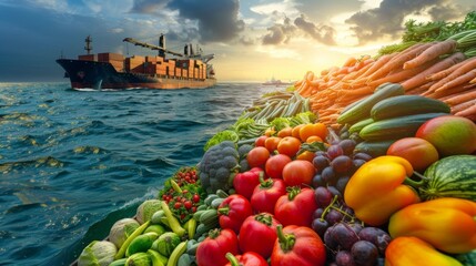 Cargo ship in the middle of the sea and close-up baskets with fruits and vegetables. cargo and food cargo ship concept