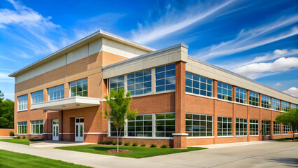 Typical American school building exterior, school, education, architecture, brick, windows, flagpole, playground