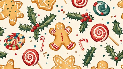 Fototapeta premium Festive pattern with yummy gingerbread cookies, colorful lollipops, green mistletoe, and spiky holly berries. Drawn digitally.