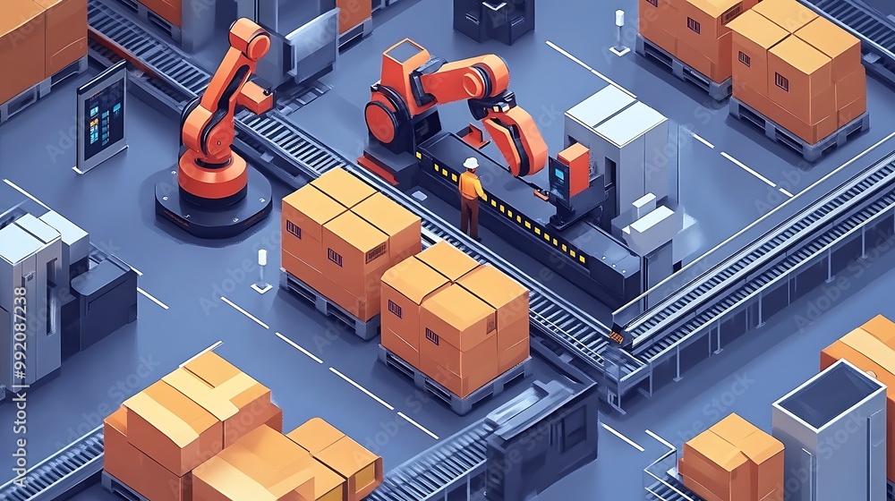 Poster robotics automation in warehouse and factory, isometric design