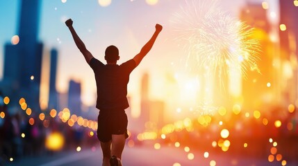 Triumphant Runner: Double Exposure of Athlete Celebrating Victory with Fireworks and Spectators Cheering, Copy Space Available for Text