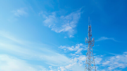 a tall telecommunications tower against a clear blue sky with some clouds. The tower is equipped with various antennas and transmitters