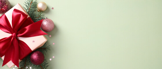 Christmas banner with gift box with a red ribbon, pine branches, and sparkling Christmas baubles on a green background