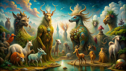 Fototapeta premium Surreal oil painting of mythical creatures intertwined with daily life , fantasy, reality