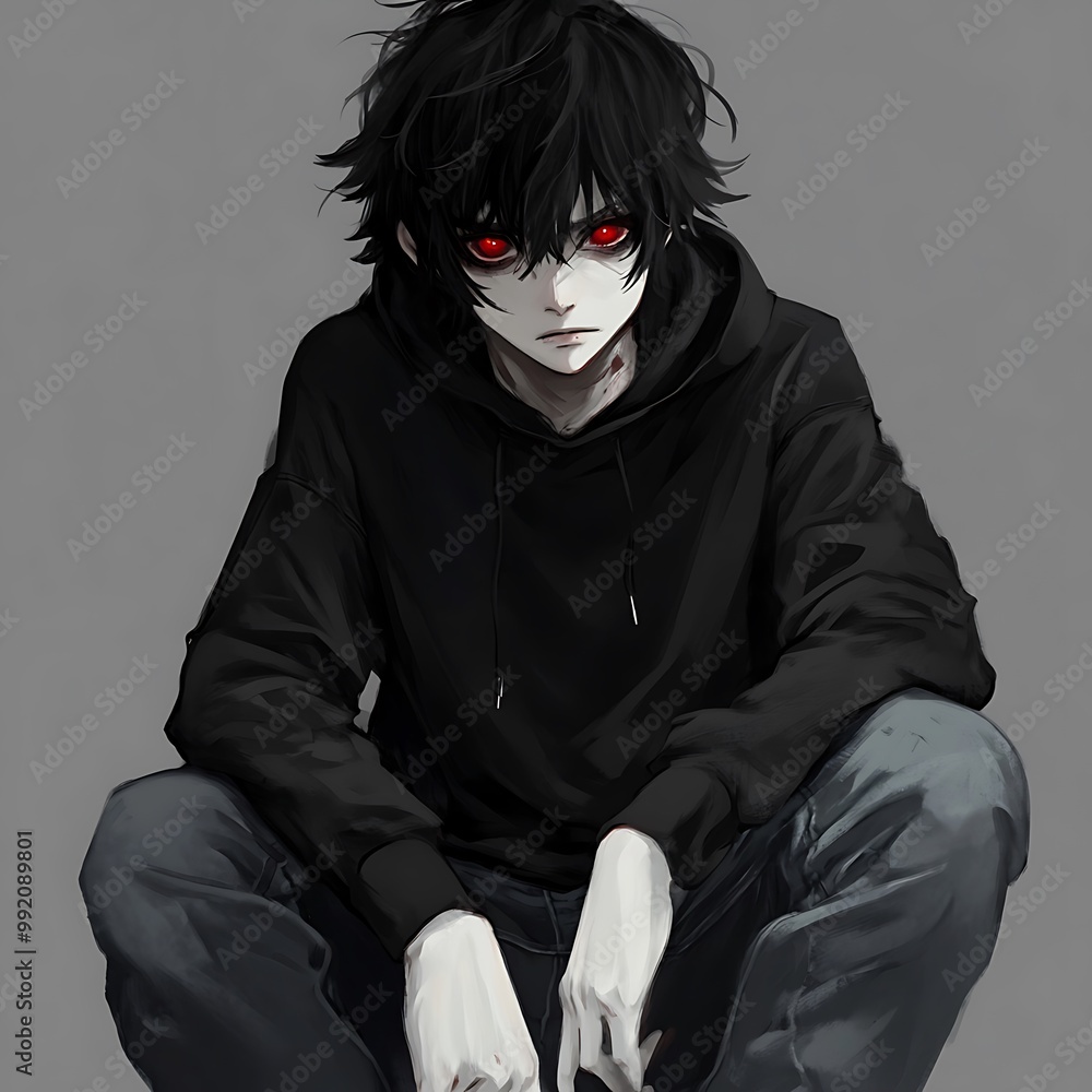 Poster Anime Boy with Red Eyes in Black Hoodie and Jeans