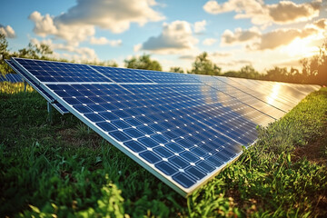 A solar panel farm stretching into the distance, capturing sunlight to power nearby cities and towns sustainably.