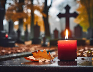 All Saints Day candle on the grave. Cemetery in November.