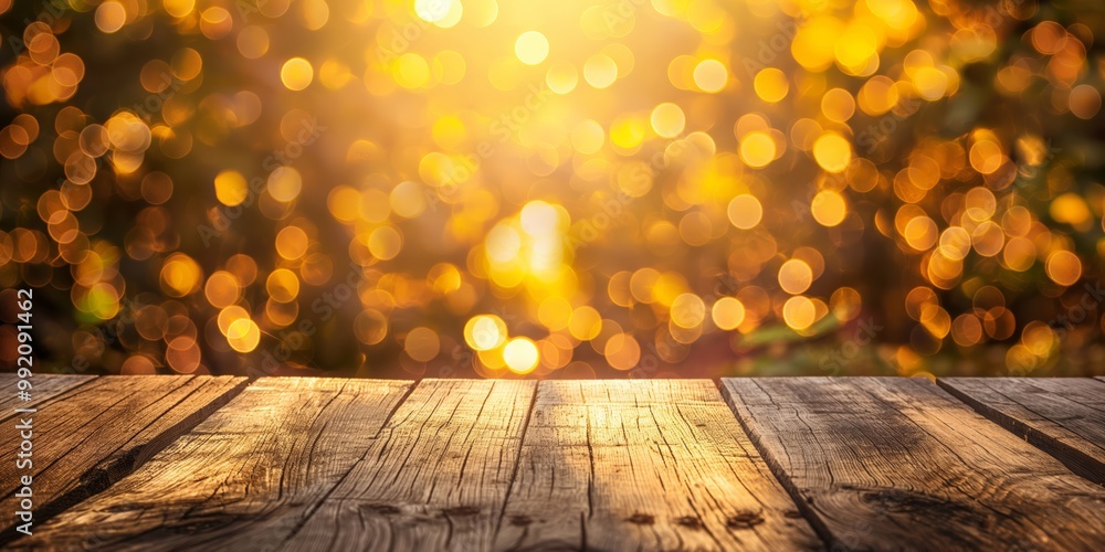 Aufkleber Empty wooden table surface with a blurred golden bokeh background, creating a warm and inviting atmosphere perfect for autumn or festive scenes.