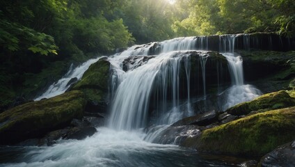 Cascading waterfall with multiple levels surrounded by lush greenery