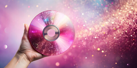 A hand holding a sparkling pink CD with a glittery surface , CD, hand, holding, pink, glittery, sparkling