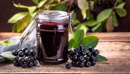 Chokeberry jam and fresh berries on a rustic wooden table.