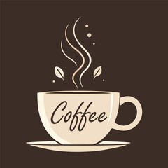 coffee cup logo with steam and coffee on brown background Pro Vector