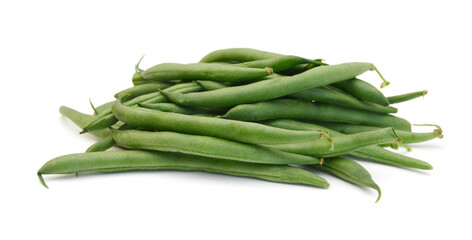 Green beans with leaves on white background
