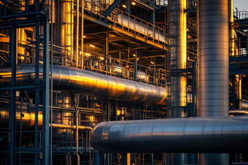 Industrial pipelines and refinery structures at sunset, symbolizing energy production and infrastructure