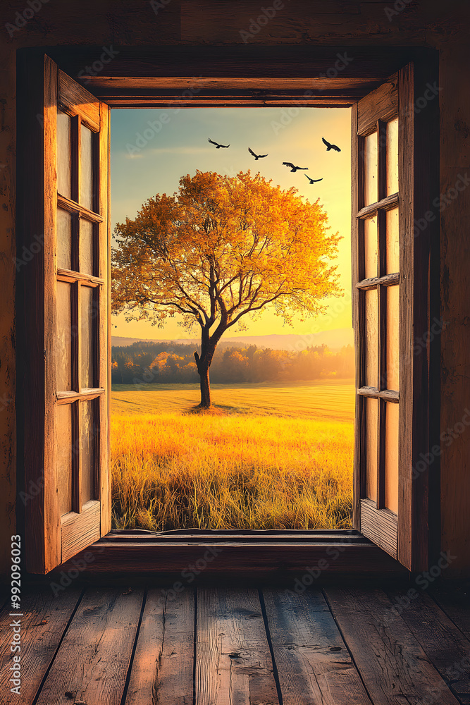 Poster a tree is in the foreground of a field with a window in the background