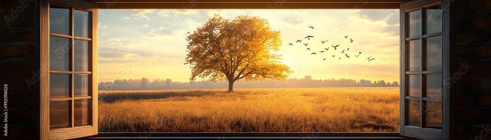 Poster a tree is in the foreground of a field with birds flying in the background