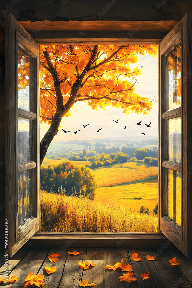 Poster a window with a tree outside and birds flying in the background