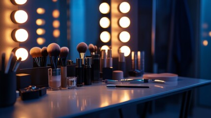 A vanity table setup with illuminated mirrors and makeup brushes, various cosmetics and skincare products arranged neatly on the counter in an elegant setting.