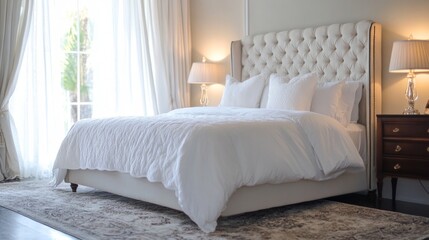 This image showcases a modern, luxurious bedroom featuring a plush tufted bed with white bedding, elegant bedside lamps, and natural light pouring in through large windows.