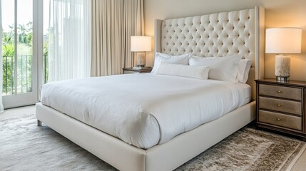 Fototapeta premium A well-furnished bedroom featuring a luxurious tufted white bed, side tables with lamps, large windows with curtains, and a view of greenery outside.
