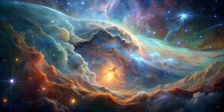 Nebula resembling a dreamscape of a sleeping cosmic deity , dreamscape, cosmic, deity, nebula, galaxy, stars, celestial