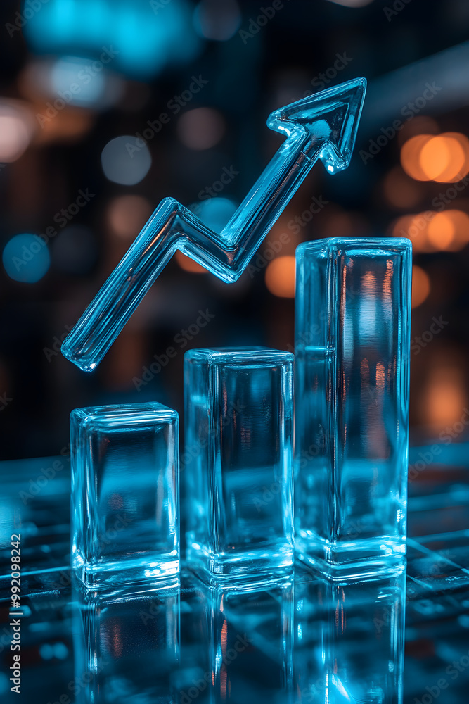 Poster a blue and green image of a graph with a green arrow pointing upwards