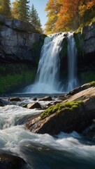 Obraz premium Serene waterfall scene with vibrant foliage, rocks, and sunlight illuminating landscape