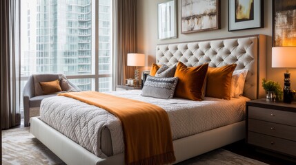 Fototapeta premium A cozy and luxurious modern bedroom featuring a tufted headboard bed, vibrant orange pillows and throw, abstract artwork, and a stunning view of a cityscape through large windows.