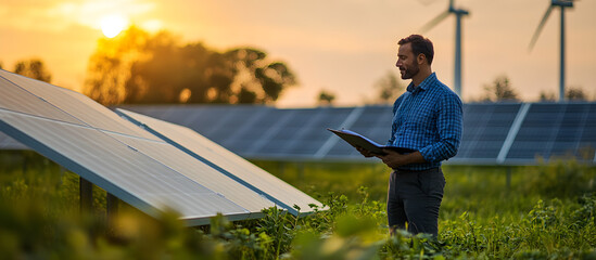 A man is standing in a field of solar panels, looking at a clipboard