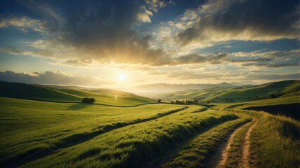 Fototapeta premium Golden hour sunset over lush green hills