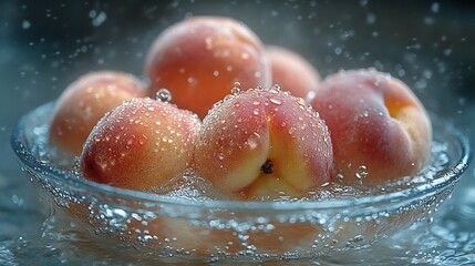 Fototapeta premium Peaches floating a bowl of icecold water on a hot summer day with condensation on the bowl and the sound of cicadas in the background evoking refreshment and simplicity Scientific name Prunus persica